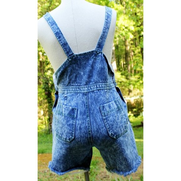 Vtg 80s Acid Wash Denim Cut-off Overalls Shorts sz 6/8 Pleated Front Distressed - Picture 4 of 9